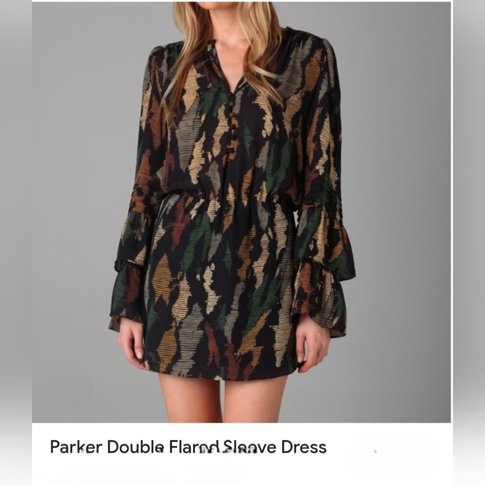 Parker Double Flare Sleeve In Camo Silk Dress, Women's Medium.